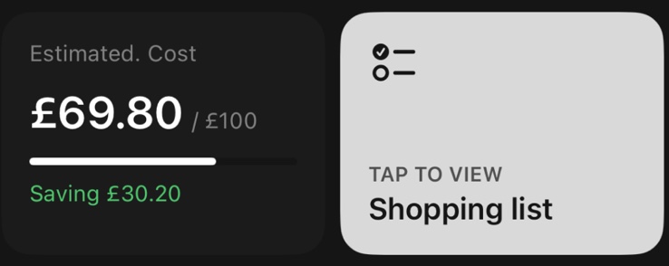 A card in Nom reading Estimated Cost, £69.80 of £100, with a progress bar and the line Saving £30.20, beside a Tap to view Shopping list card.