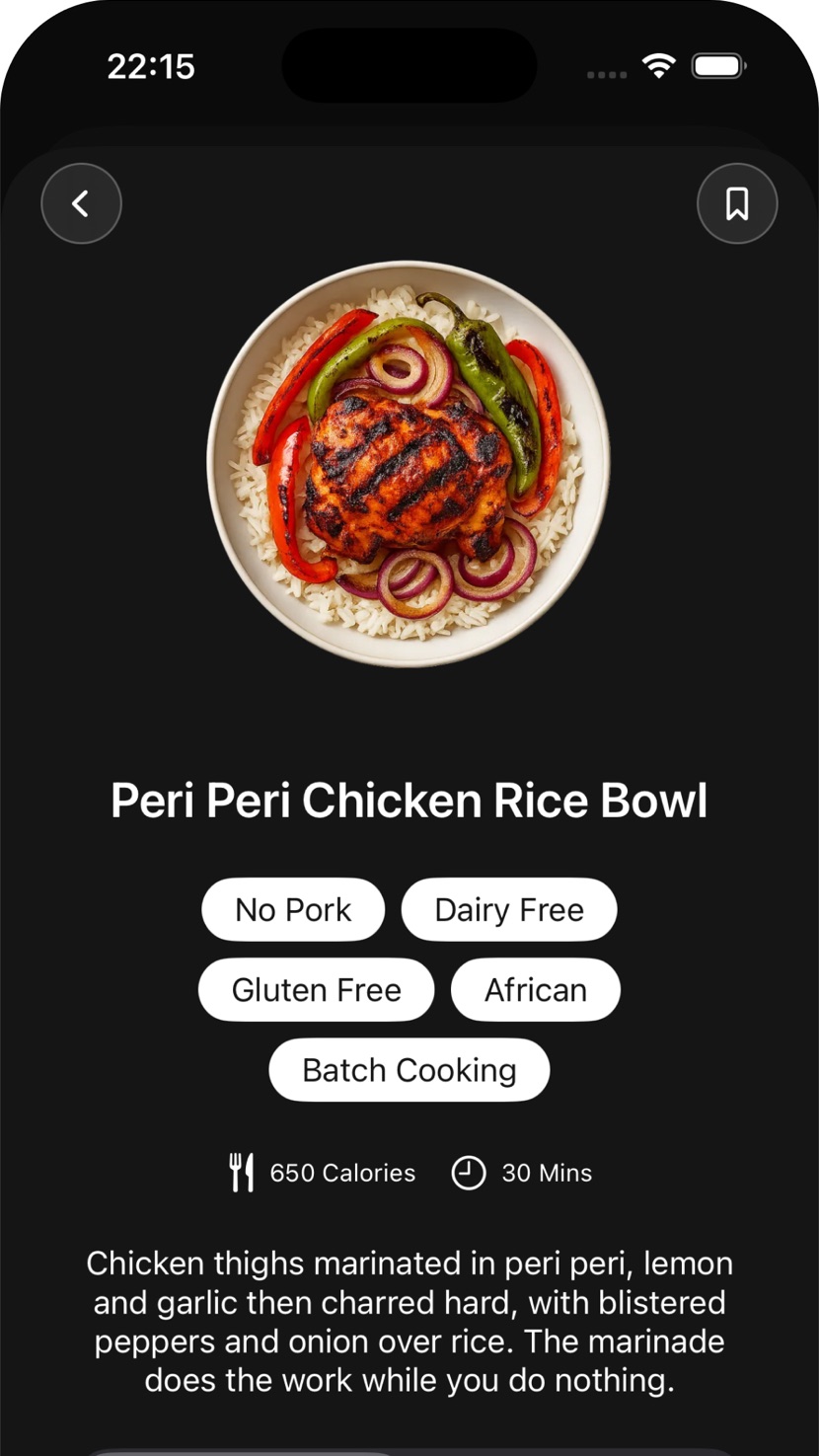 A Nom recipe page for Peri Peri Chicken Rice Bowl, showing a photo of the dish, tags for No Pork, Dairy Free, Gluten Free, African and Batch Cooking, 650 calories, 30 minutes, and a description.